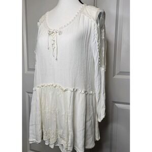 Free People Romance Of The Rose Lace Trim Top Boho Peasant Size Large White